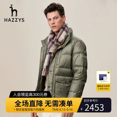 Hazzys哈吉斯冬季新品男士白鹅绒保暖羽绒服时尚防风立领外套男潮商品大图