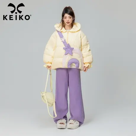 KEIKO甜系短款羽绒服女加厚2023冬季90%白鸭绒拼色连帽外套小个子图片