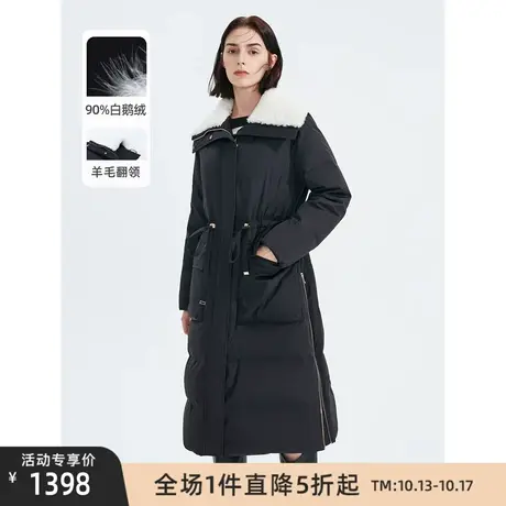 朗姿白鹅绒纯羊毛翻领冬季新款中长款黑色羽绒服大衣外套女高级感图片