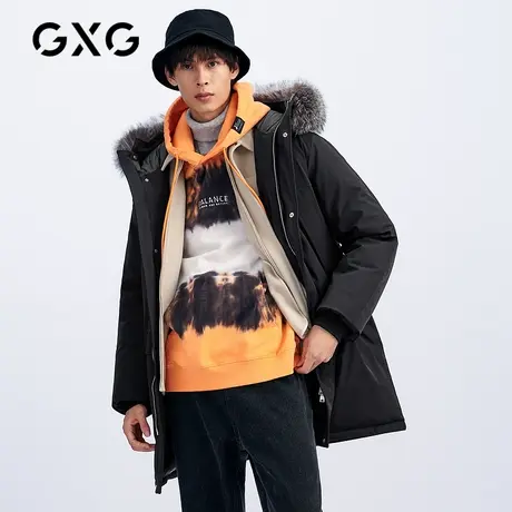 【新款】GXG男装 冬季黑色连帽时尚长款羽绒服外套GHC111002K商品大图