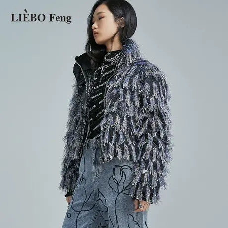 裂帛LIEBOFeng2023年原创设计chic高街时髦亮丝短款毛茸茸羽绒服图片