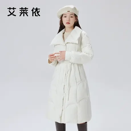 艾莱依翻领羽绒服冬季女2023新款长款收腰气质时尚设计感鸭绒外套图片