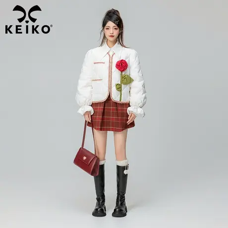 KEIKO [手工玫瑰扎花]轻薄羽绒服女2023冬季小香风绗缝菱格短外套商品大图