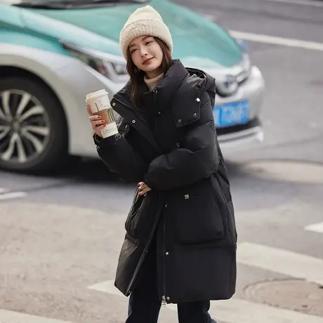 时尚气质羽绒服2023年冬季新款女立领连帽百搭韩版显瘦中长款外套图片