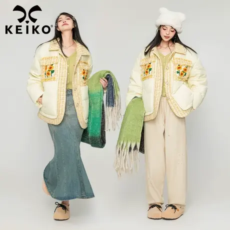 KEIKO [90%白鸭绒] 法式文艺拼接羽绒服女2023冬季气质小香风外套商品大图