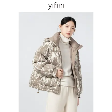 Yifini/易菲宽松茧型保暖羽绒服女冬季新款印花短款连帽外套图片