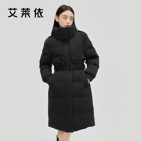 艾莱依中长款风衣羽绒服女冬装新款时尚简约鸭绒设计黑色保暖外套图片