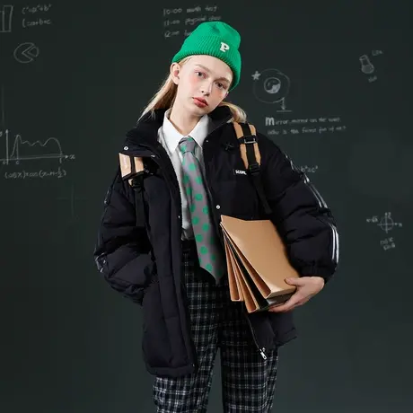 唐狮羽绒服女冬季黑色韩版立领拼接仿羔毛外套时尚潮酷美式学院风图片