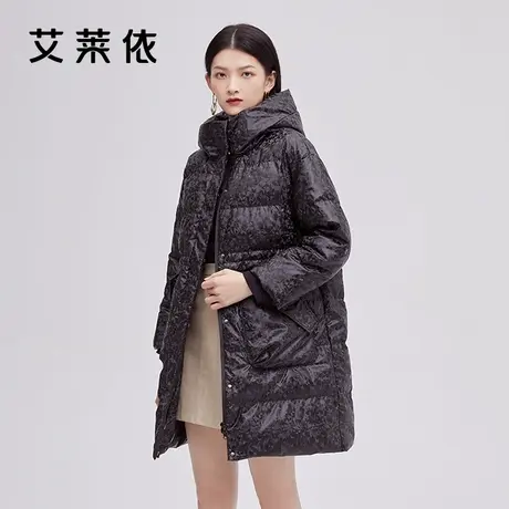艾莱依新品羽绒服女冬季鸭绒保暖时尚黑色气质高端外套潮修身长款图片