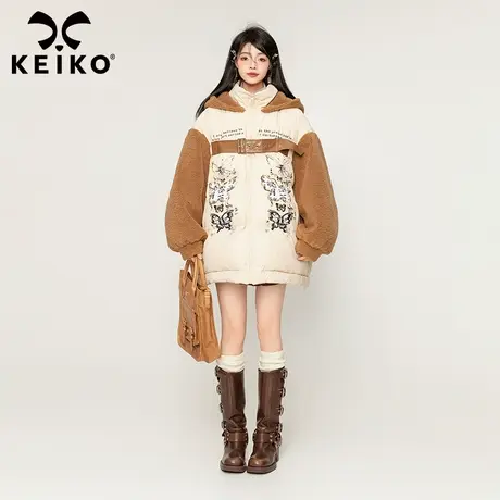 KEIKO 羊羔毛拼接连帽羽绒服女2023冬季复古宽松加厚白鸭绒外套图片