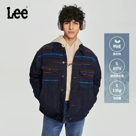 Lee商场同款23秋冬新品舒适版深蓝色羊毛毛呢拼接牛仔羽绒服男潮图片