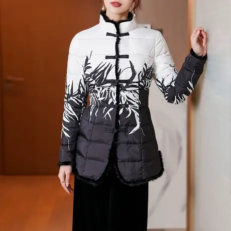 冬季女新款羽绒服2023年气质中国风修身盘扣长袖印花轻薄羽绒外套图片