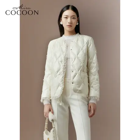 COCOON商场同款2023秋冬新款法式蕾丝拼接小香风绗缝轻薄羽绒服图片