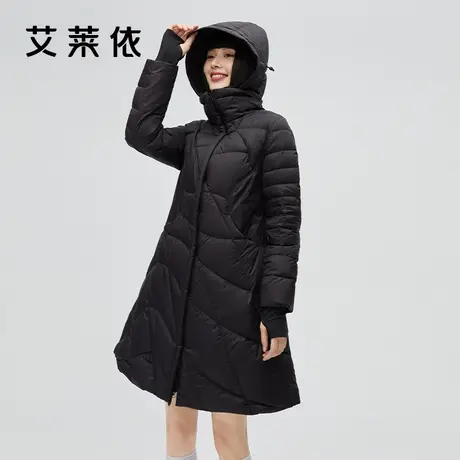 艾莱依官方正品羽绒服女冬季新款时尚连帽中长款保暖黑色防寒外套图片
