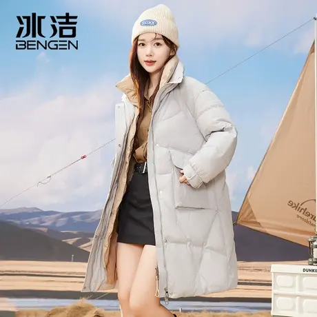 冰洁羽绒服女长款2023冬季新款韩版立领撞色假两件加厚保暖外套HM图片