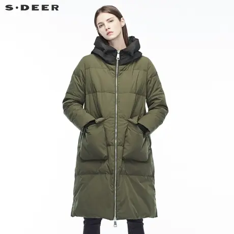 sdeer圣迪奥2018冬装新款拼接口袋高领连帽军绿长羽绒服S18482420商品大图