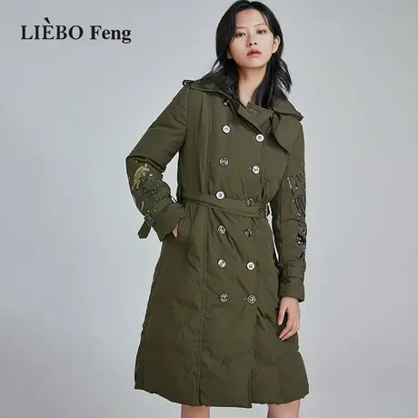 裂帛LIEBOFeng设计师品牌chic军绿色工装送腰带中长白鸭绒羽绒服图片