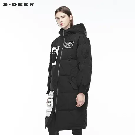 sdeer圣迪奥2018冬装新款撞色字母布贴高领连帽羽绒服女S18482459图片