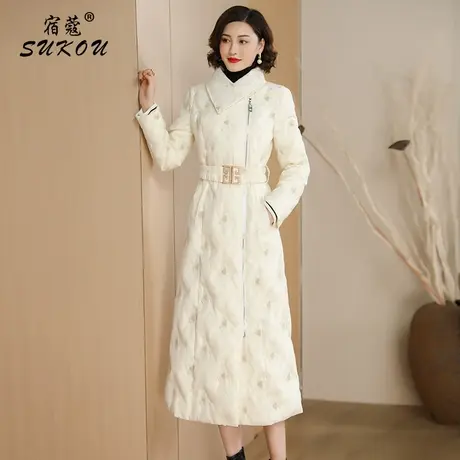 简约米白色羽绒服女2023冬装新款中长款保暖白鸭绒妈妈外套设计感图片
