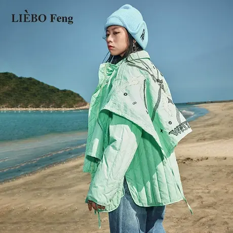 裂帛LIEBOFeng设计感复古民族刺绣多巴胺薄荷绿色短款轻薄羽绒服图片