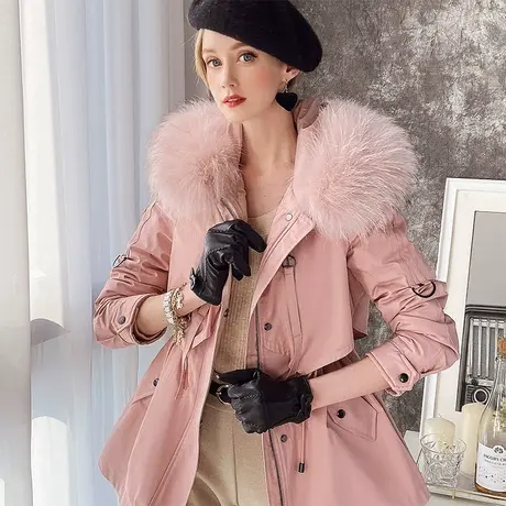 粉红大布娃娃羽绒服冬季2021新款可拆卸内胆派克服女加厚连帽外套图片