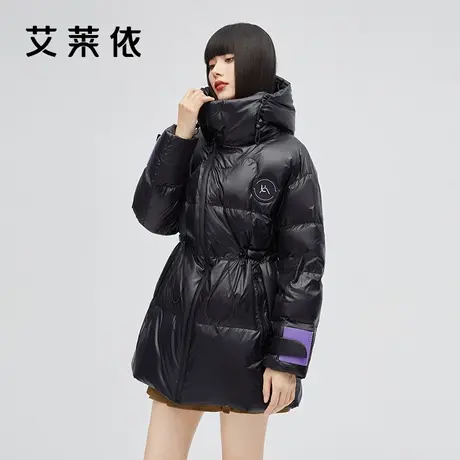 艾莱依2022冬季新款黑色保暖鸭绒羽绒服女时尚设计感收腰亮面外套图片