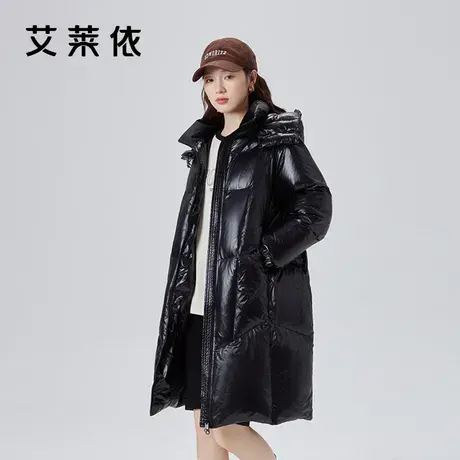 艾莱依亮色羽绒服女2023新款连帽拼色长款宽松时尚高级感冬季外套图片