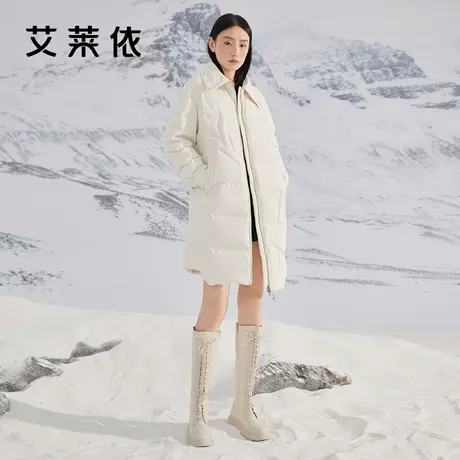 艾莱依新款中长款羽绒服女冬季衬衫领宽松时尚设计感高端防风外套图片
