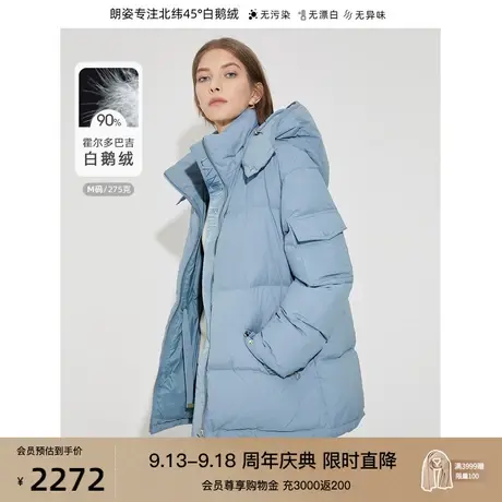 朗姿防泼水加厚275g泡芙鹅绒服女2021冬季新中长款蓝色羽绒服外套图片