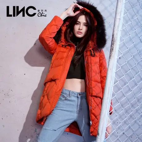 LINC金羽杰冬季新款时尚连帽大毛领中长款羽绒服女韩版外套加厚潮图片