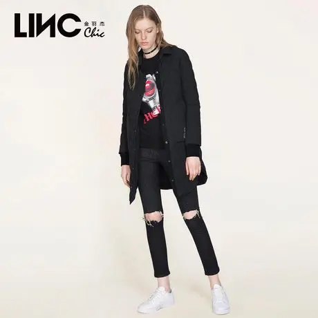 LINC金羽杰秋冬新款大口袋LINC猫刺绣轻薄羽绒服女中长款外套薄款图片